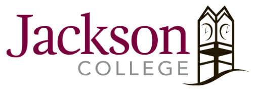 Jackson College Logo with Maroon wording and Clock tower graphic